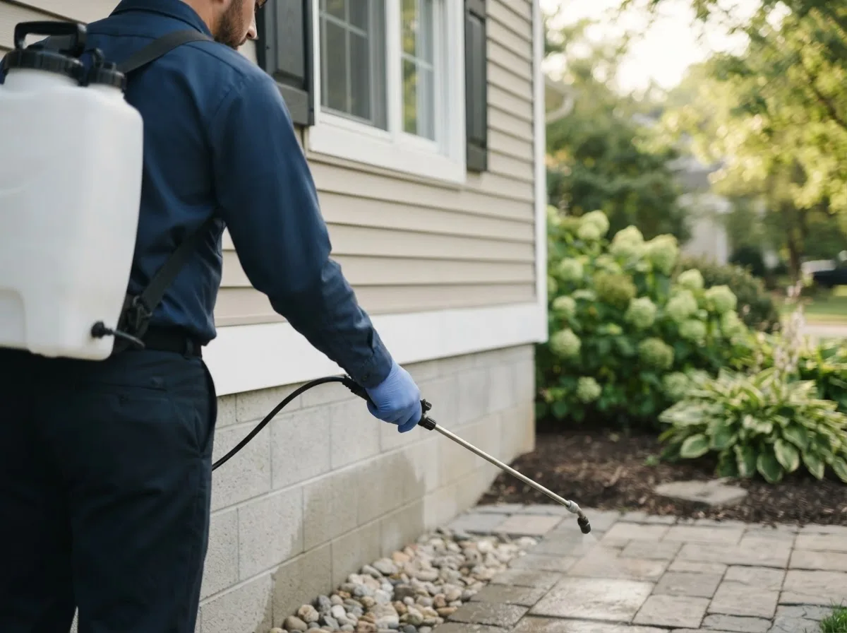 Pest control technician inspecting a home in Greenville, OH